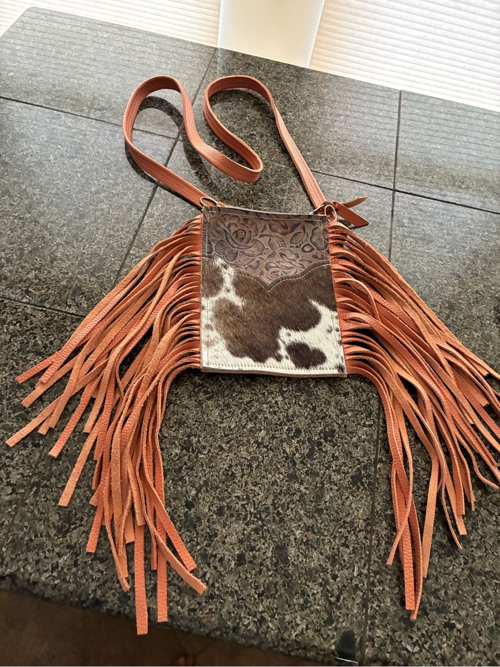 Dancing Cactus Designs  Fringed Cowhide Crossbody Bag in tri colored design